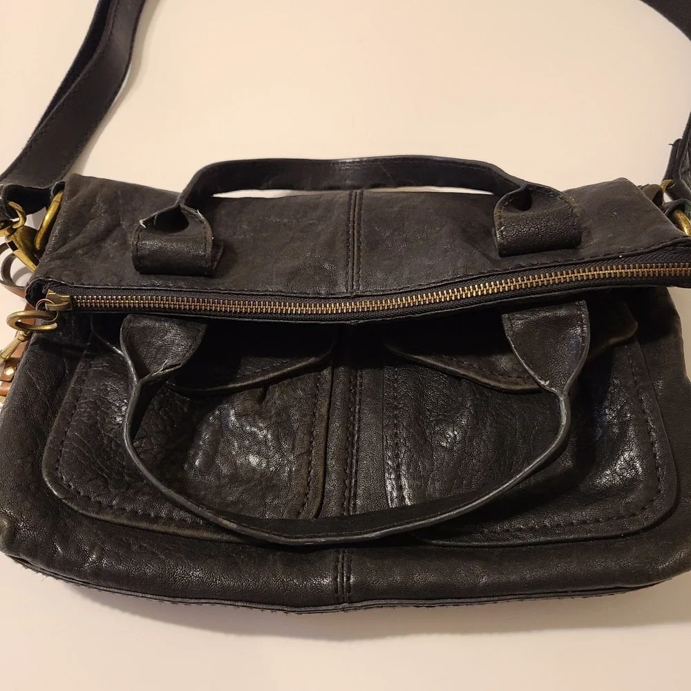Fossil Black Slouchy Leather Fold‎ Over Cargo Purse Bag Sade Noire Dark Academia
